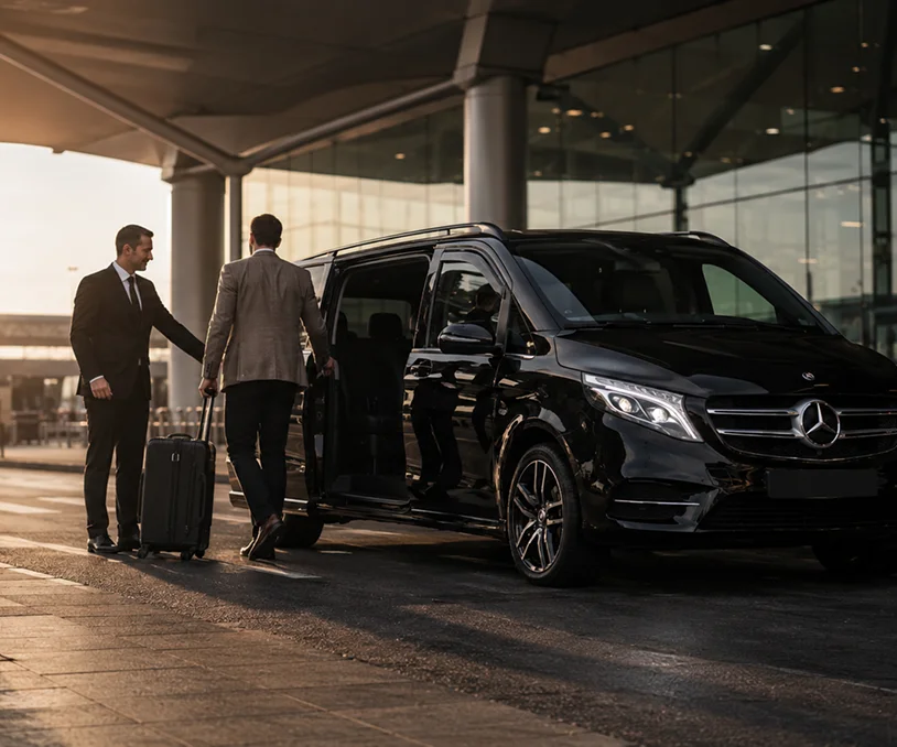 Executive business traveller using chauffeur airport transfer
