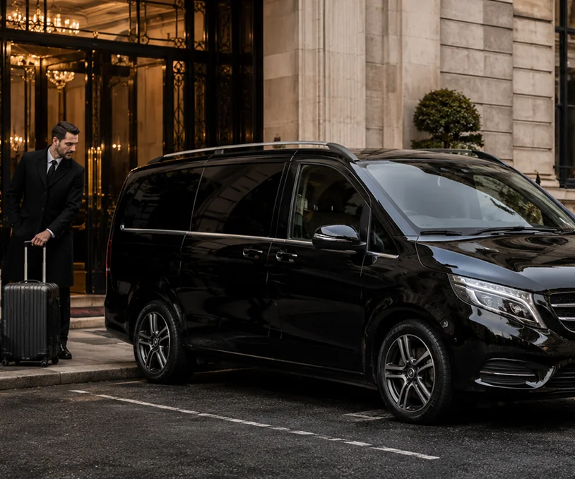Private chauffeur collection outside a luxury UK hotel