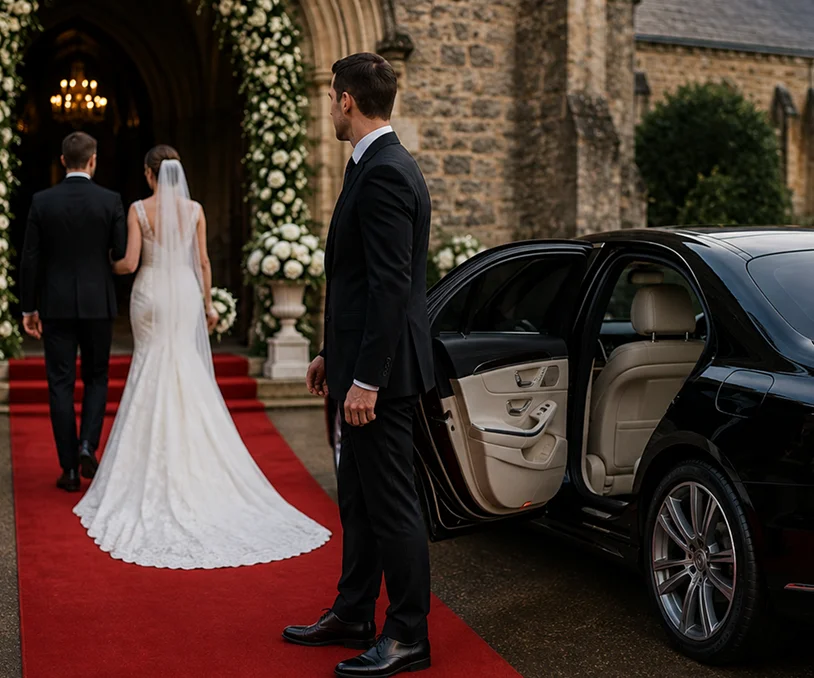 Elegant black chauffeur vehicle for wedding travel